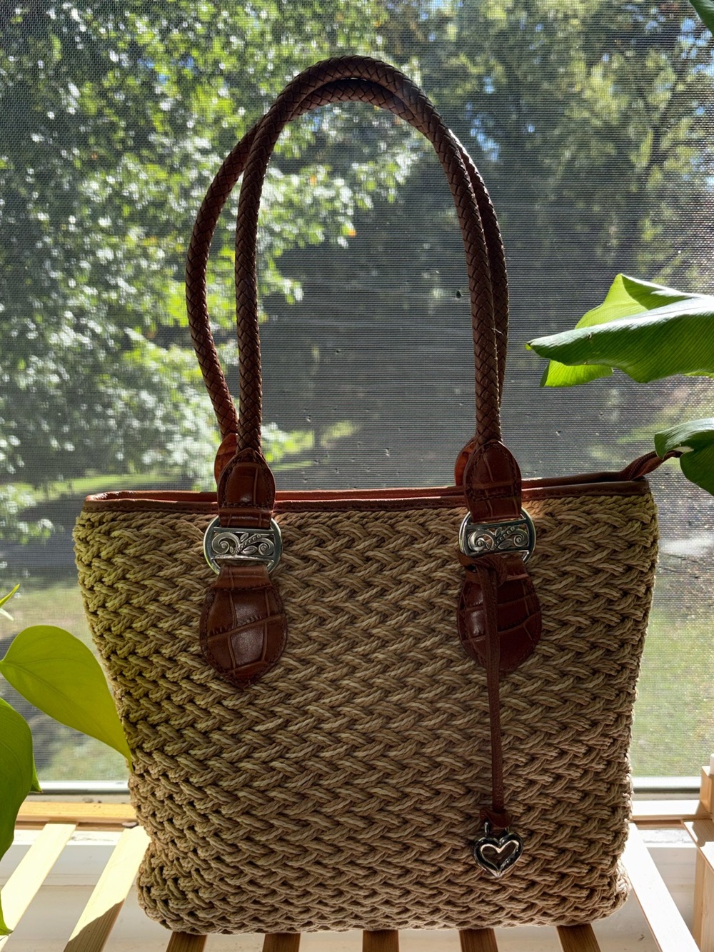 Brighton Woven Tote Bag with Brown Leather Trim